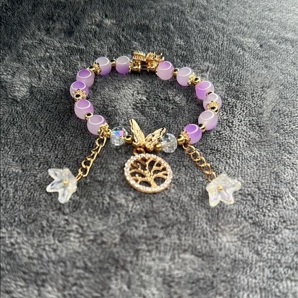 Butterfly 🦋 🌺 Flower & Tree of Life Gold & Purple Dangling 3d Charm Bracelet - Picture 4 of 10